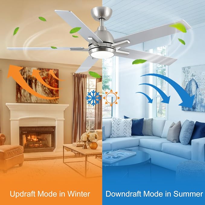 52 Inch Downrod Brushed Nickel Ceiling Fan with Light & Remote, ETL Listed | 6 Speed, Quiet DC Motor, 3-Level Timer Function, 3 Color Temperature, Forward/Reserve For all Seasons, Indoor/Covered Outdoor