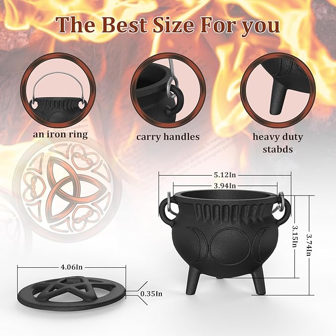 Cast Iron Cauldron with Lid & Handle, Small Triple Moon Cast Iron Cauldron Pot, Incense Burner Witchcraft Ideal for Cooking, Smudging, Ritual Purpose, Sage, Halloween Decoration