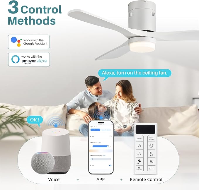 Sofucor 52 Inch Smart White Ceiling Fans with Lights-Flush Mount Low Profile Modern Outdoor Solid Wood Ceiling Fans with Alexa/Google Assistant/APP/Remote Control for Bedroom/Living Room/Office/Patio