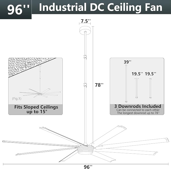 Ohniyou 96'' Industrial Ceiling Fan No Light - High CFM Large Metal Fan with 8 Aluminum Blades, Remote/APP Controlled, DC Motor, for Shop, Warehouse, Gym, Black