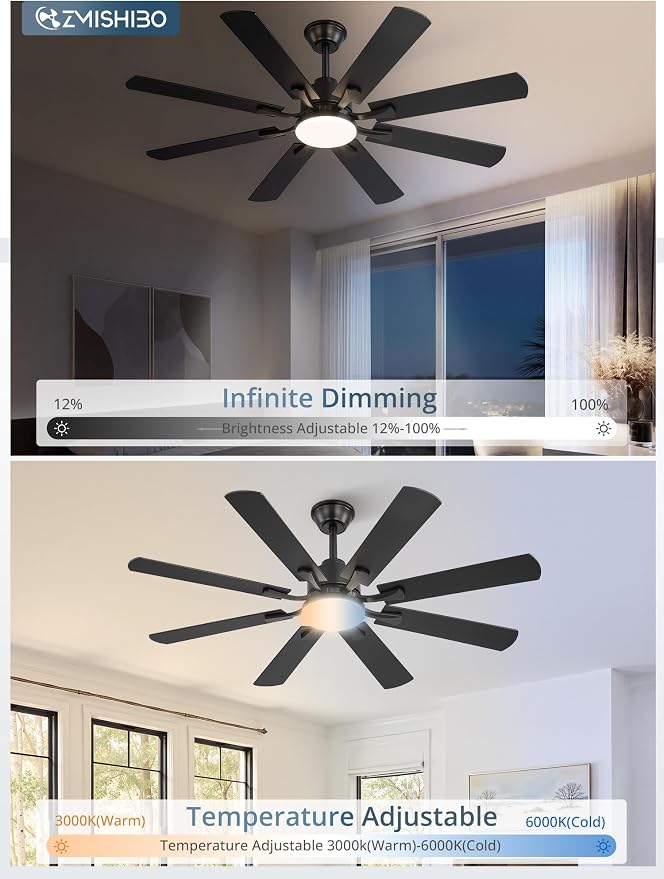ZMISHIBO 52 inch Ceiling Fan with Light and Remote, 8 Blades Ceiling Fans with 20W LED Light, Quiet DC Motor, 6 Speeds, Stepless Color Temperature Change & Dimmable, for Bedroom Living Room, Black