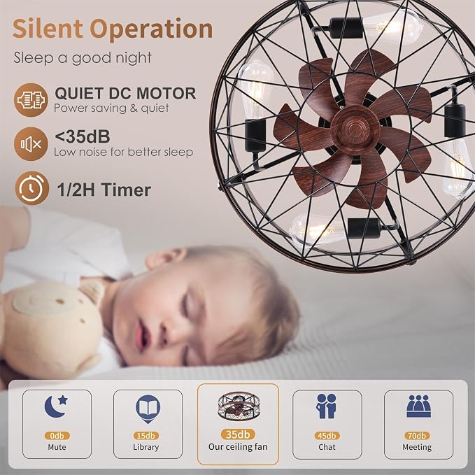 REDSTAR Flush Mount Caged Ceiling Fan with Lights, 20" Small Bladeless Ceiling Fans with Remote, Rustic Low Profile Ceiling Fans Quiet Reversible Enclosed Farmhouse Ceiling Fan for Bedroom Kitchen