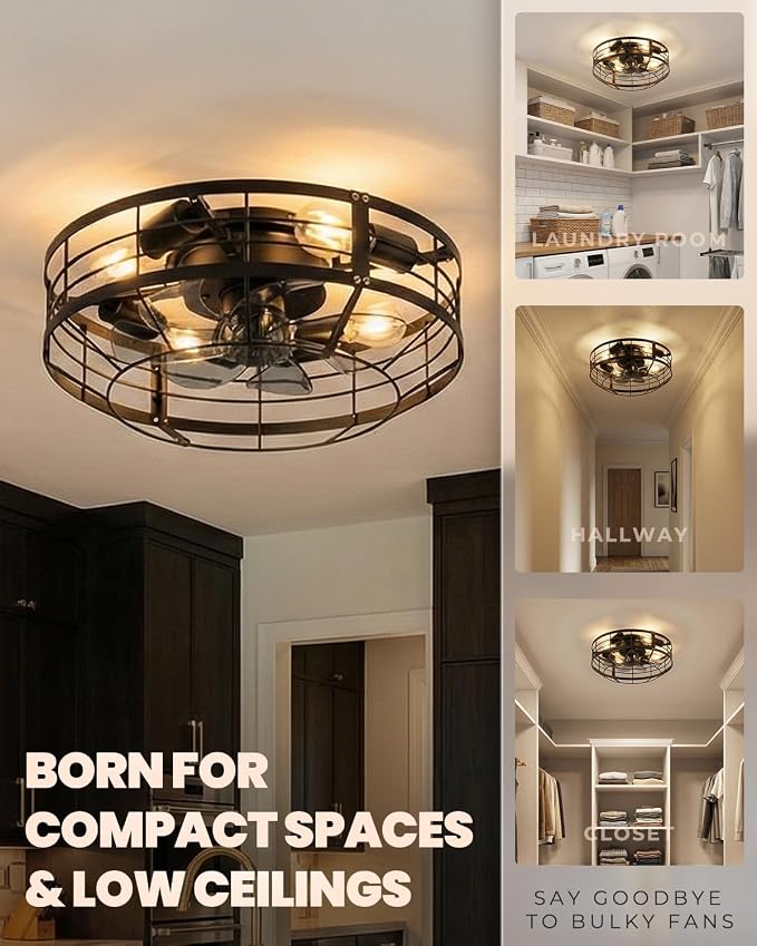 Caged Ceiling Fan with Light, 16 Inch Farmhouse Round Flush Mount Fan Lights Ceiling Fixtures, Need Assembly, 6 Speeds Reversible Motor Small Bladeless Ceiling Fans for Bedroom, Living Room