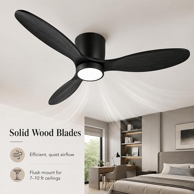 reiga 52" Low Profile Black Wood Ceiling Fan with Light, Quiet DC Fan | 3 solid wood blade, dimmable 3CCT LED light; remote timer control, flush mount for bedroom, dining & living room