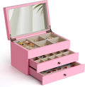 Meangood Jewelry Box Organizer for Women, 3 Layer Large Jewelry Storage Case, Rustic Wooden Jewelry Box with Mirror & Ring Tray for Necklace Earring Bracelets Rings, Vintage Style (Pink)