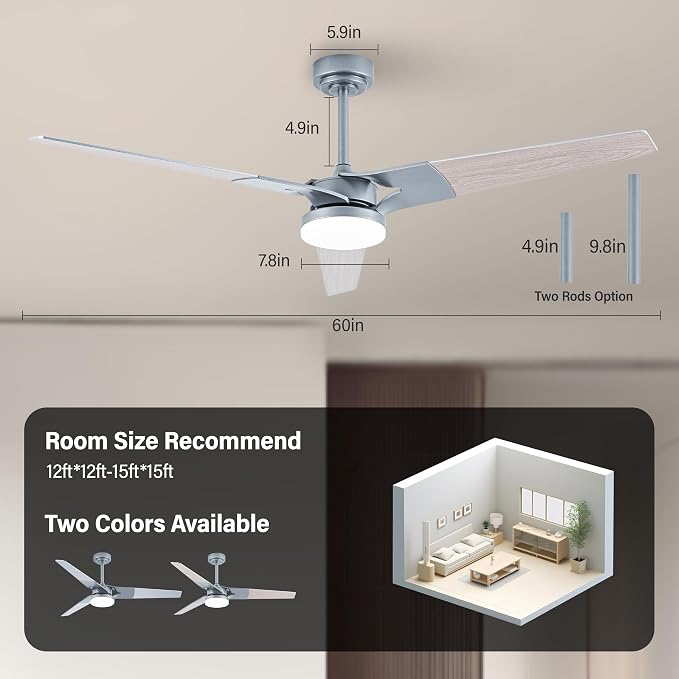 Ceiling Fan with Lights and Remote, 3 Blade App Control Timer Reversible Stepless Brightness and Color Temperature Outdoor Wood Ceiling Fan with Lights (Silver, 60 In'ch)