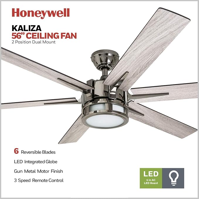 Honeywell Ceiling Fans with Lights, Kaliza LED Indoor Fan w/ 6 Blades, 56 Inch, Gun Metal - Smart Remote-Controlled Fan with Quiet Motor for Home and Bedroom