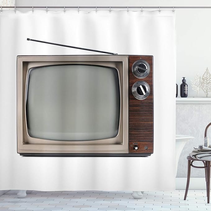 Ambesonne 1950s Shower Curtain, Old Television with Antenna Broadcast Display Antique TV Historic Movie Screen, Cloth Fabric Bathroom Decor Set with Hooks, 69" W x 70" L, White Umber