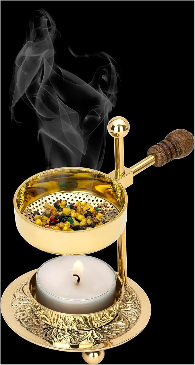 Handcrafted Adjustable Resin Incense Burner in Golden Brass with Wooden Handle – Premium Quality Incense Holder with Tealight (4.33 inch) for Aromatherapy and Unique Smoking Experience