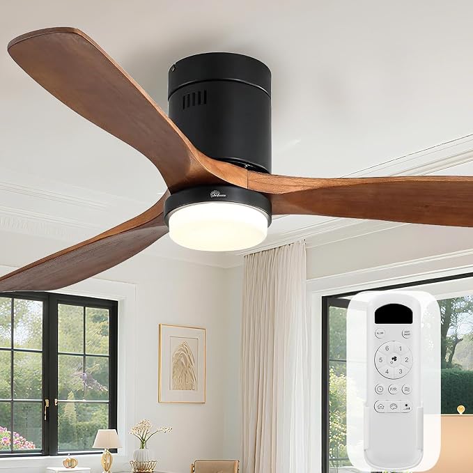 Sofucor 52 Inch Ceiling Fans with Lights and Remote, Low Profile Flush Mount Solid Wood Modern Outdoor Ceiling Fan for Bedroom/Living Room/Patio/Farmhouse, Quiet Reversible DC Motor, Dimmable LED