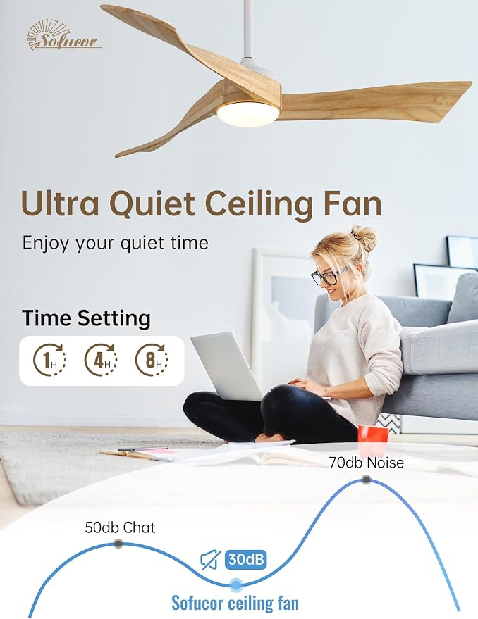 Sofucor 52 Inch Smart Ceiling Fans with Light-Modern Solid Wood Outdoor 3 Blades Ceiling Fan with Light Alexa/Google/APP/Remote Control for Bedroom Living Room Farmhouse, Quiet DC Motor, Natural Wood