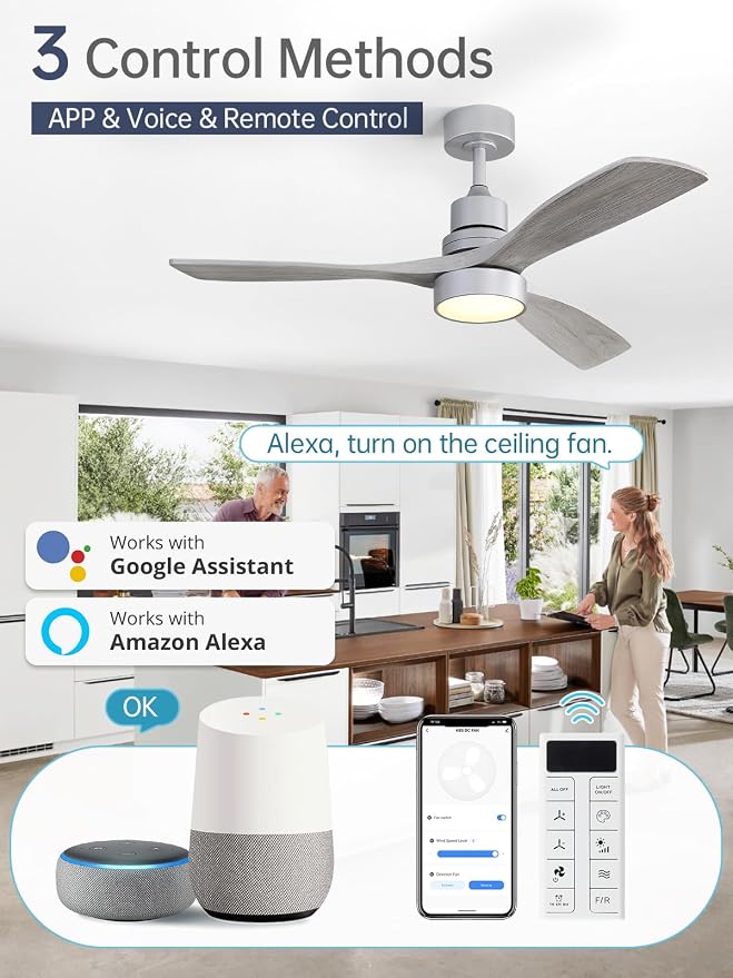 Sofucor 52 Inch Smart Ceiling Fan with Lights, Silver Grey | Alexa/APP/Remote Control, Modern 3 Solid Wood Blade, for Bedroom/Living Room/Kitchen/Dining Room/Patio/Porch