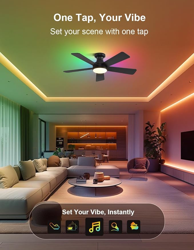 42 inch RGB Ceiling Fan with Light, Voice & App & Remote Control Low Profile Flush Mount Ceiling Fan,6 Speeds Silent Motor, 4-Color Temperature Dimmable for Home Office Party, Black