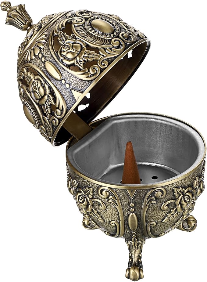JUXYES Vintage Incense Burner Holder with Removable Ash Catchers, Metal Censer Antique Cone Coil Incense Burner Holder Zinc Alloy Spiritual Aromatherapy Yoga Meditation Gifts Retro Home Decoration