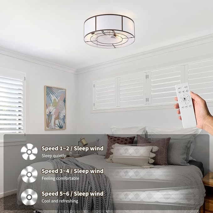 hummingbird 20inch Low Profile Caged Ceiling Fans with Lights, Flush Mount Ceiling Fan with Lights and Remote, Bladeless Modern Enclosed with 6 Speeds for Bedroom, Kitchen, Brown