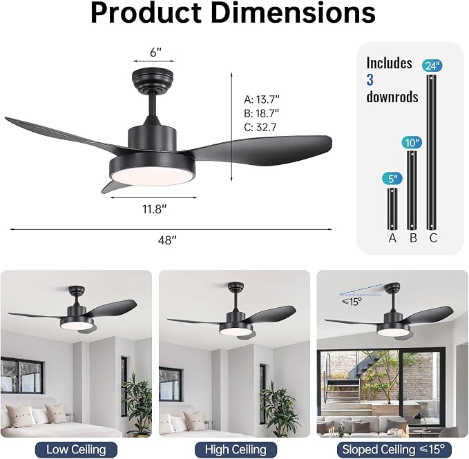 Sofucor 48 Inch Smart Ceiling Fan with Lights Modern Outdoor Ceiling Fans Compatible with Alexa/Google/APP/Remote Control, ABS Blades 6 Speeds Quite DC Motor & Timing for Patio Bedroom Living Room