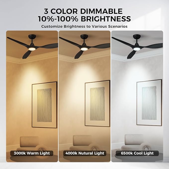 Roomratv Ceiling Fans with Lights and Remote Control,Quiet Noiseless Reversible DC Motor,6 Speeds,Timers, 3 CCT, Indoor Use, Plastic Blades,52 Inch Black Ceiling Fan Smart APP Control for Living Room