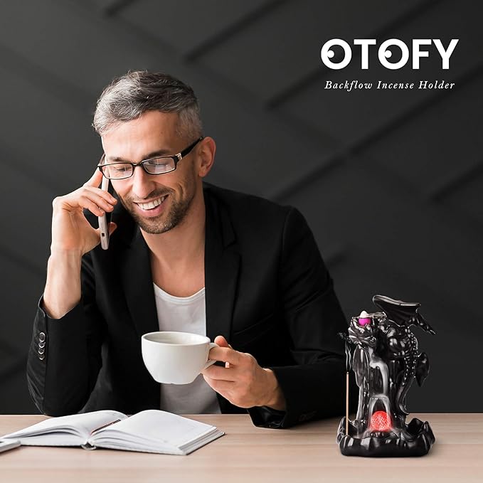 OTOFY Handmade Backflow Incense Burner Waterfall Incense Holder with 90 Incense Cones + 50 Incense Sticks Sets, Aromatherapy Ornament Home Decor Gift Decorations Statue(Black Brown led Dragon)