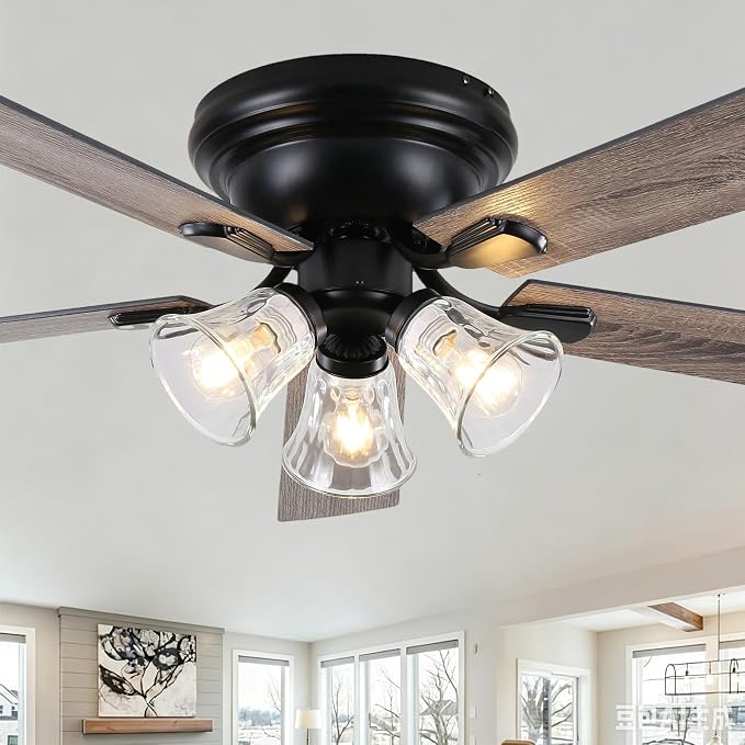 60" Vintage Ceiling Fan with Lights Remote, Flush Mount Fandelier | Farmhouse Ceiling Fan 3-Lights Rustic Chandelier for Living Room Bedroom, 3 E26 Bulb Bases Reversible Quiet DC Motor 6 Speeds