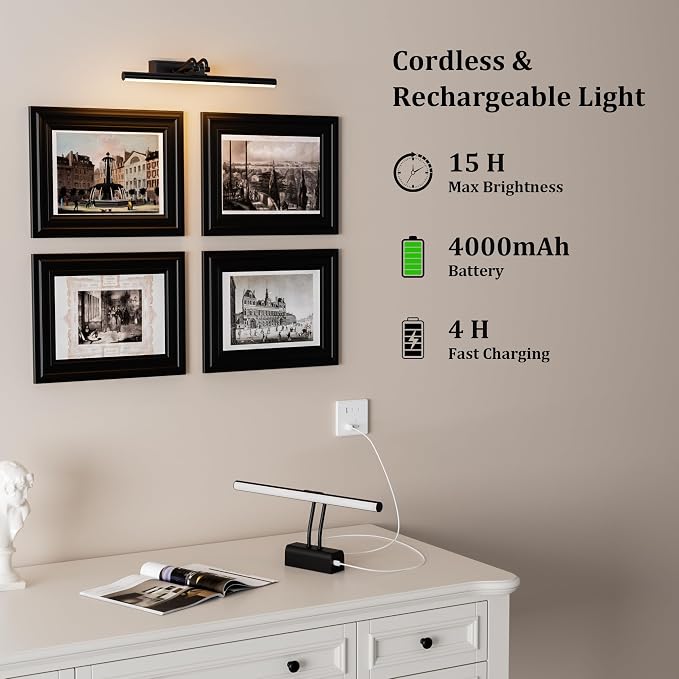 Battery Operated Wall Light for Living Room Picture Light for Wall Set of 2, 4000 mAh, 14'' Dimmable Art Painting Light, Remote Control, Display for Gallery, Living Room, Bedroom (Black)