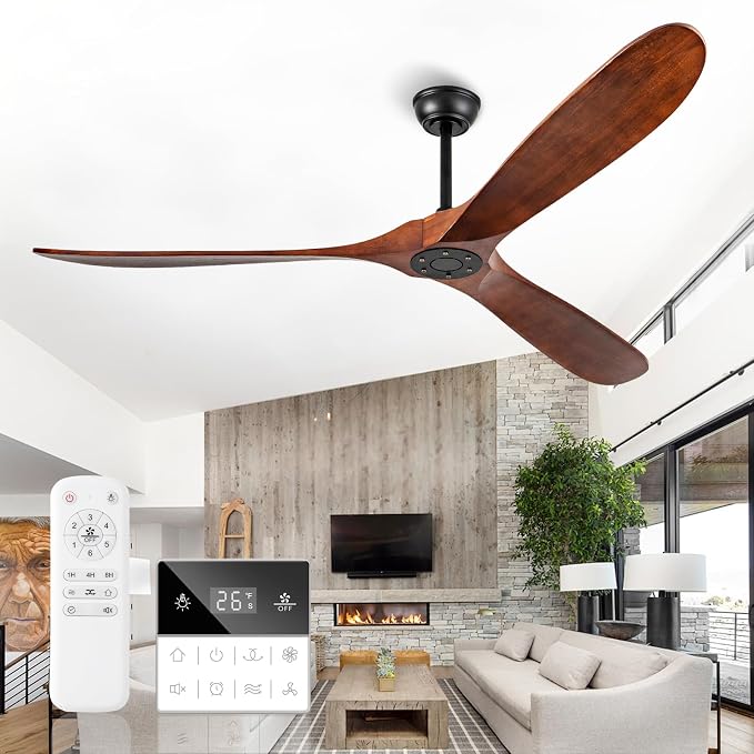 72 Inch Solid Wood Walnut Ceiling Fans No Lights Remote Control, Large Big Outdoor Real Wood Ceiling Fans Without Lights 3 Blades Craftmade Quiet for Patio Farmhouse Living Room Office