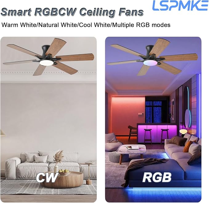 52 Inch Ceiling Fans with Lights, Low Profile Ceiling Fan with Light and Remote, Quite DC Motor,Flush Mount, 3CCT, Dimmable, Brown RGB Ceiling Fan for Bedroom, Living Room, Indoor/Outdoor Use