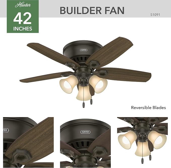Hunter 42 inch Indoor Ceiling Fan with LED Lights - Bronze Ceiling Fan with Pull Chain, For Bedroom, Living Room, or Kitchen, Low Profile Flush Mount, No Remote, 5 Blades - Builder 51091, New Bronze | Low Profile Flush Mount, Pull Chain, 5 Blades, For ...
