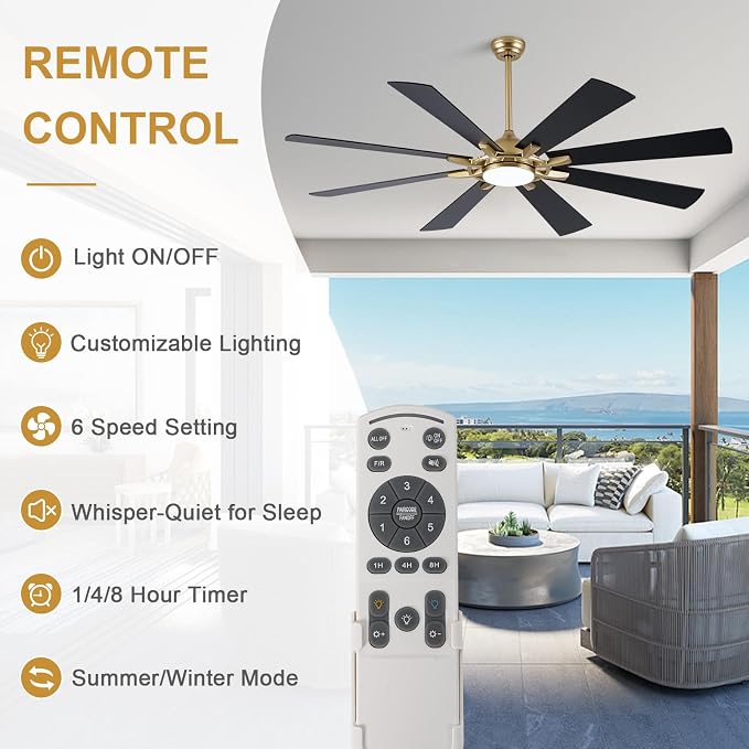 Bella Depot 72" Black and Gold Ceiling Fan with Light & Remote | Large Ceiling Fan Dimmable LED Light, 3CCT, 6-Speed Quiet DC Motor Indoor Chandelier Fan for Bedroom Living Room Patio