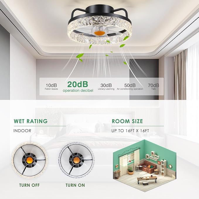 Mpayel 13" Ceiling Fans with Lights and Remote - Flush Mount Low Profile Ceiling Fans - Bladeless Enclosed Fans with Led Light and Stepless Dimming, Small Modern Fan for Bedroom