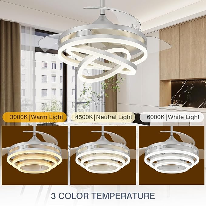 TXCSLY 42 Inch Retractable Ceiling Fan, Chandelier Ceiling Fan with Light DC Motor, 3 Color Tempearture, 6 Wind Speed for Bedroom, Living Room and Dining Room, Silver