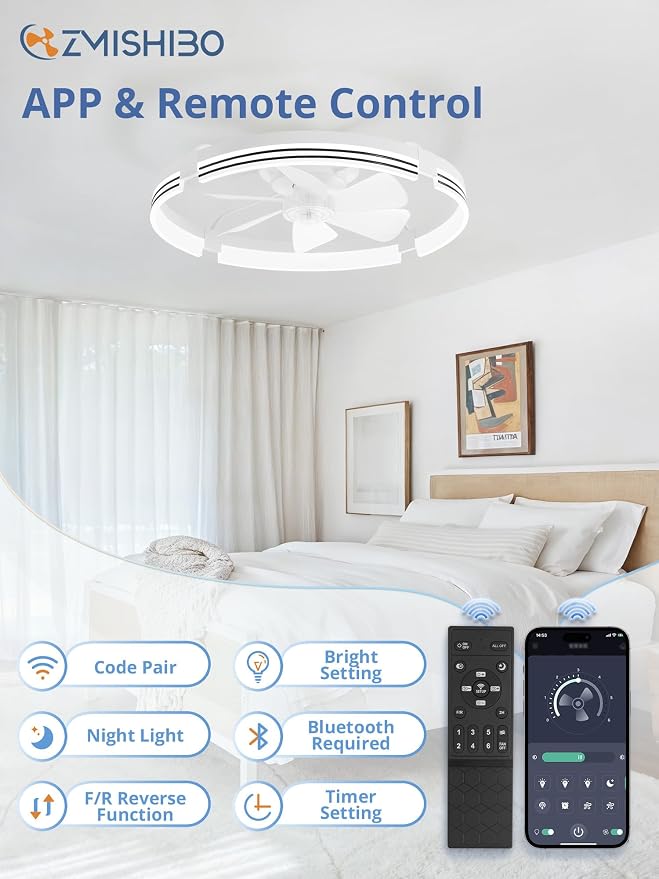 ZMISHIBO 24 Inch Low Profile Ceiling Fans with Lights and Remote, 3000K-6000K Dimmable Fandelier LED Fan Light, Flush Mount Ceiling Fan with Light, 6 Wind Speeds Ceiling Fans for Bedroom- White