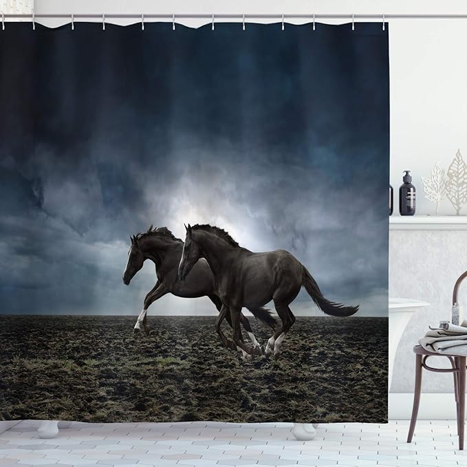 Ambesonne Horses Shower Curtain, Couple Horses Running on Plowed Field in Stormy Dark Weather Sky Concept, Cloth Fabric Bathroom Decor Set with Hooks, 69" W x 70" L, Blue Petrol