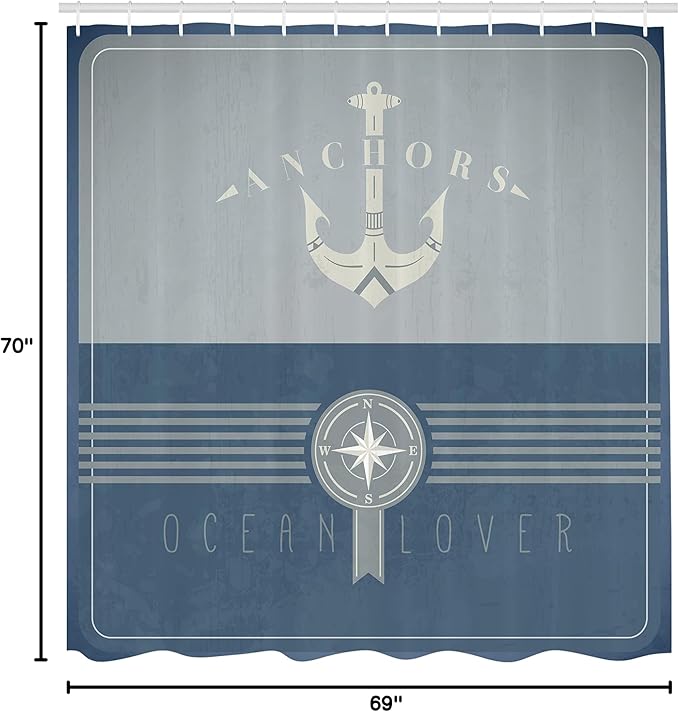 Ambesonne Nautical Shower Curtain, Vintage Marine Design for Ocean Lovers Anchor Compass and Stripes, Cloth Fabric Bathroom Decor Set with Hooks, 69" W x 70" L, Blue Grey