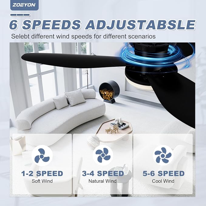 Small Ceiling Fan with Light - 35 Inch Flush Mount Ceiling Fans with Lights and Remote, Low Profile Ceiling Fan with 3 Reversible Blades, 6 Wind Speeds, Black Ceiling Fans for Bedroom Kitchen