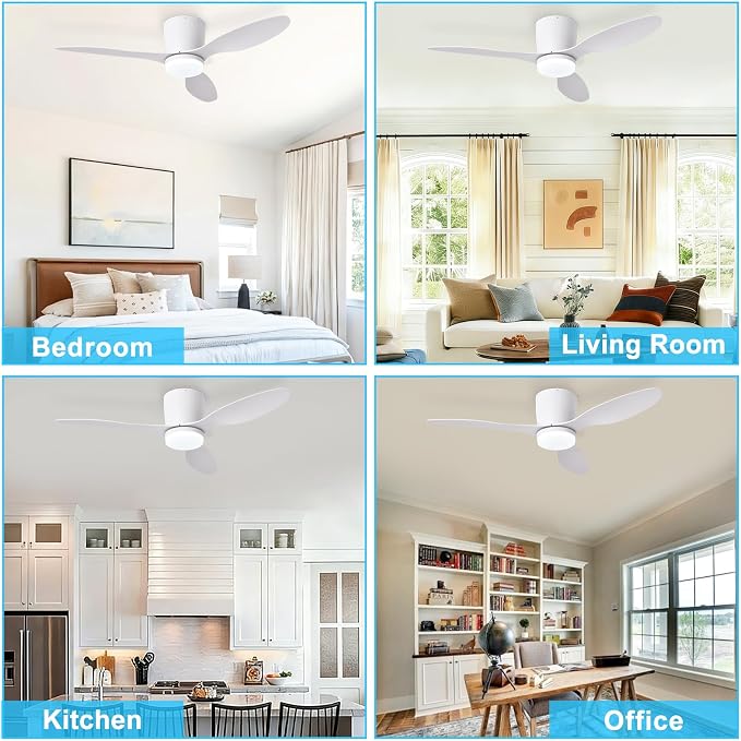 Depuley Flush Mount Ceiling Fan: 42-Inch White Ceiling Fans with Lights for Bedroom Indoor Outdoor - Low Profile Ceiling Fans with Remote Control 24W 3CCT Dimmable 3 Reversible White Blades 6 Speeds
