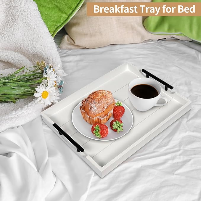 SXNOWS Wood Serving Tray with 2 Sets of Handles,White | Rectangle 16.5x13 Inch Ottoman Decorative Tray for Coffee Table Kitchen Bar Living Room Breakfast in Bed, 4 Coasters Included