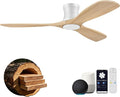 52" Wood Smart Ceiling Fans with Lights Remote,Low Profile Flush Mount Ceiling Fan for Modern Bedroom Patio,Alexa&App Control,Outdoor Indoor Use,Natural Wood&White,3 Blades,Dimmable,Ultra-Quiet