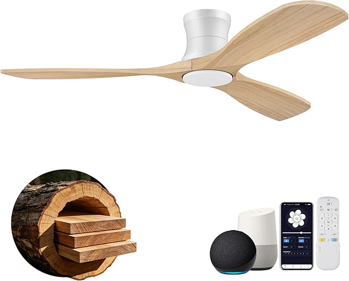 52" Wood Smart Ceiling Fans with Lights Remote,Low Profile Flush Mount Ceiling Fan for Modern Bedroom Patio,Alexa&App Control,Outdoor Indoor Use,Natural Wood&White,3 Blades,Dimmable,Ultra-Quiet