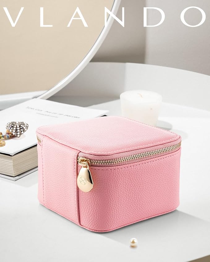 VLANDO Travel Jewelry Box for Women,Faux Leather Jewelry Case with 6 Velvet Jewelry Zipper Pockets,Gift Ideas for Women Wife Earrings Necklace Rings Storage Boxes(Strawberry Pink)