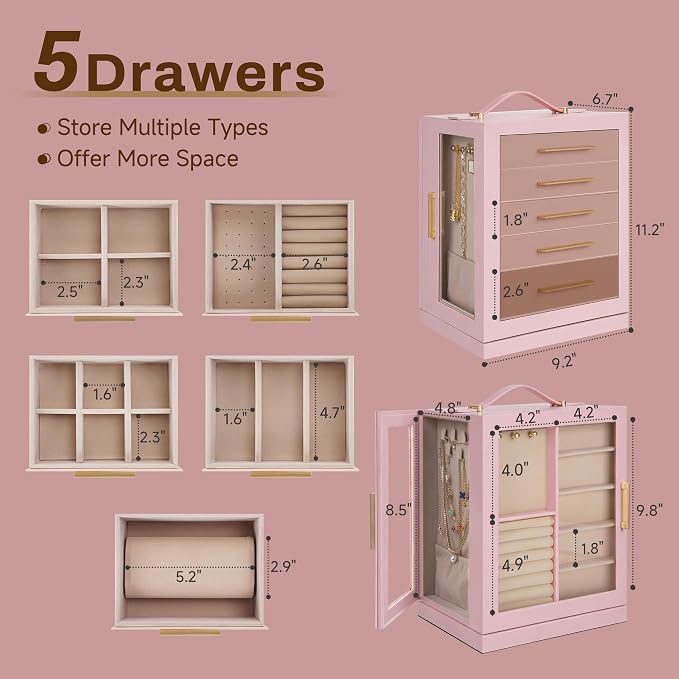 360° Rotating 5‑Drawers Jewelry Box with Top Handle & Glass Window, Spacious Vertical Jewelry Organizer, Jewelry Storage Case, Dustproof & Moisture‑resistant Design. (Pink)