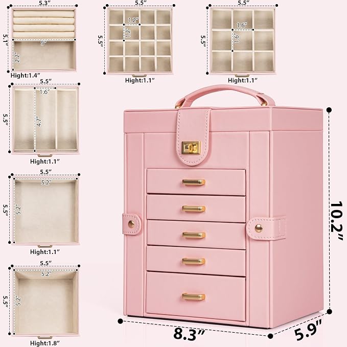 AKOZLIN 6-Tier Jewelry Box Organizer Functional 5 Drawers Leather Jewelry Storage Case for Women Girls Ring Necklace Earring Bracelet Holder Organizer with Mirror Light Pink Regular