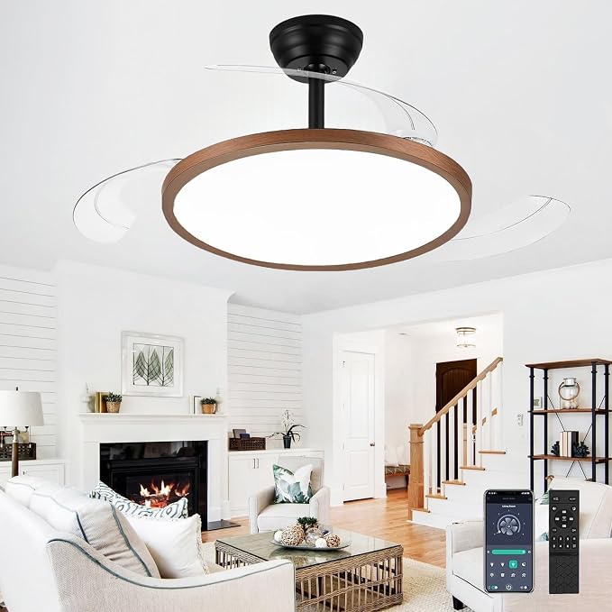 48 Inch Retractable Ceiling Fan with Lights, Fandelier Ceiling Fan for Bedroom Living Room Dinning Room, Chandelier with Fan 6 Speed, 3 Color Temperature, Reversible DC Motor-Black