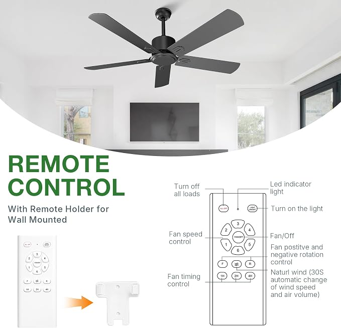 Obabala Black Ceiling Fan No Light, 52 in Outdoor Flush Mount Ceiling Fans with Remote Control without Light, 5 Blades, 6 Speed Reversible DC Motor Modern for Patios, Garage, Bedroom, Porch