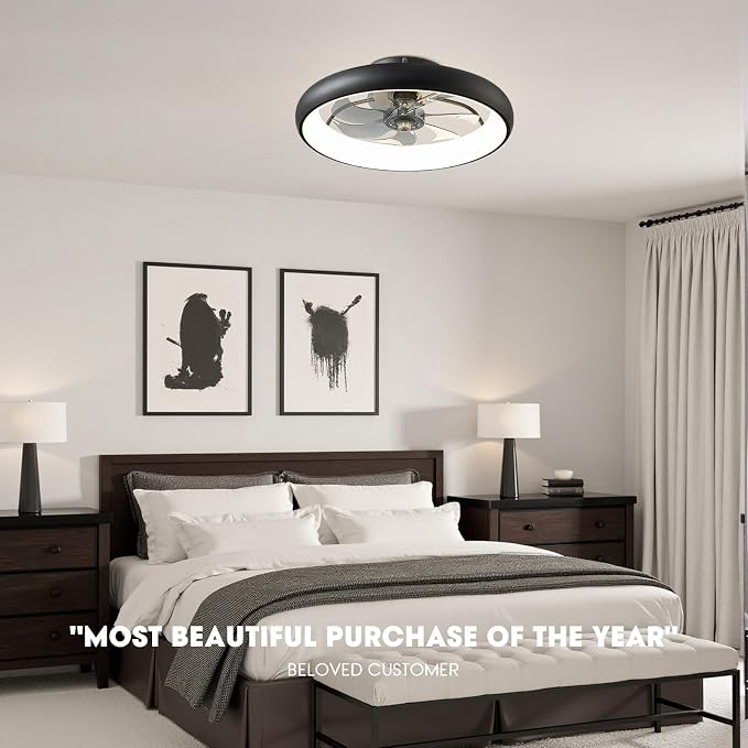 Ceiling Fans with Lights and Remote, 20'' Low Profile Flush Mount, 6 Wind Speeds, Modern Dimmable LED Ceiling Fan, Smart Ceiling Fan for Bedroom, Kids Room (Black)