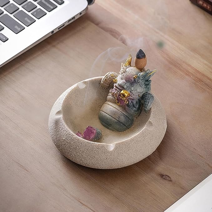 Pixiu Backflow Incense Burner with Ashtray, Mythical Beast Resin Incense Holder & Wealth Guardian Statue, Waterfall Smoke Effect Decor for Desk, Home Office Zen Gift
