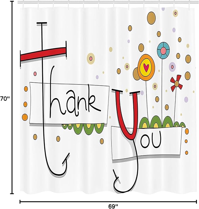 Ambesonne Graphic Art Shower Curtain, Fun Thank You Typography with Abstract Cartoon Style Flowers Hearts and Dots, Cloth Fabric Bathroom Decor Set with Hooks, 69" W x 70" L, Green Black