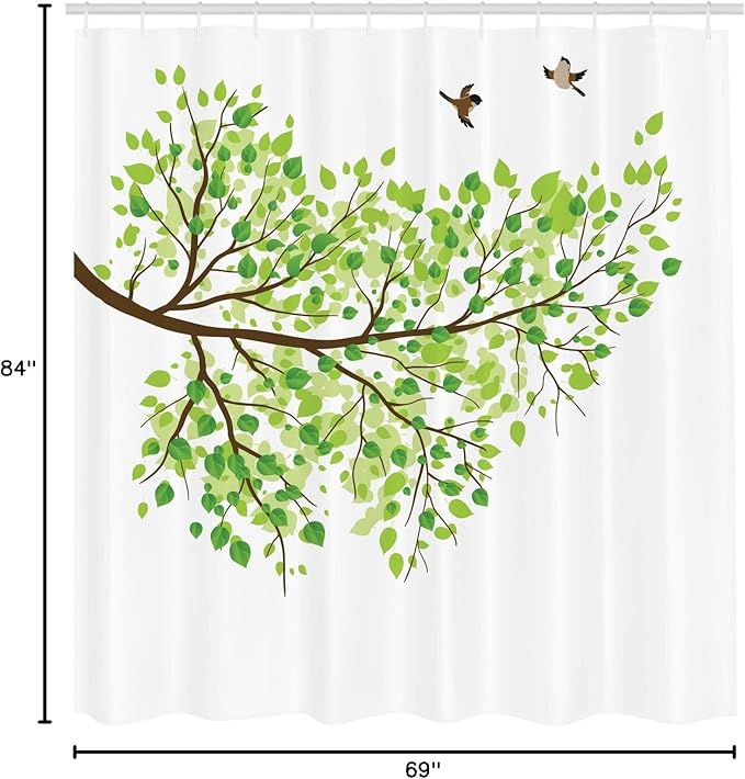 Ambesonne Hummingbird Shower Curtain, Branch with Hummingbirds in Seasonal Vivid Colors Spring Freedom Nature, Cloth Fabric Bathroom Decor Set with Hooks, 69" W x 84" L, Brown White