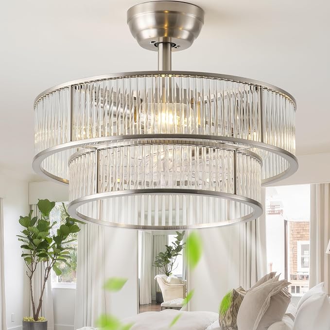Silver Fandelier Ceiling Fans with Lights, 20" Silver Crystal Chandelier Ceiling Fan with Light Remote Control, Caged Mid Century with 6 Speeds for Bedroom, Living Room, Nursery