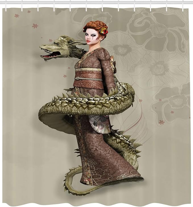 Ambesonne Fantasy Shower Curtain, Westernly Geisha with Cry Make-Up Wrapped by Spiralling Dragon, Cloth Fabric Bathroom Decor Set with Hooks, 69" W x 70" L, Eggshell Green