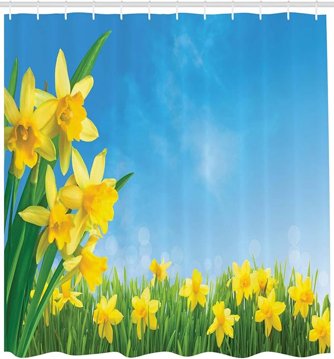 Ambesonne Daffodils Shower Curtain, Spring Narcissus Flowers in Grass Sunny Clear Sky Summer Floral Image, Cloth Fabric Bathroom Decor Set with Hooks, 69" W x 70" L, Green Yellow